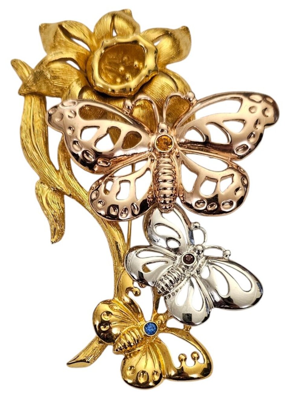 Rose, Gold, Silver Tone Brooch Butterflies Rhinestone Daffodil Statement L652